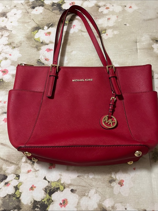 Michael Kors Handbags - Michael Kors Red Saffiano Leather Tote with Gold MK Charm